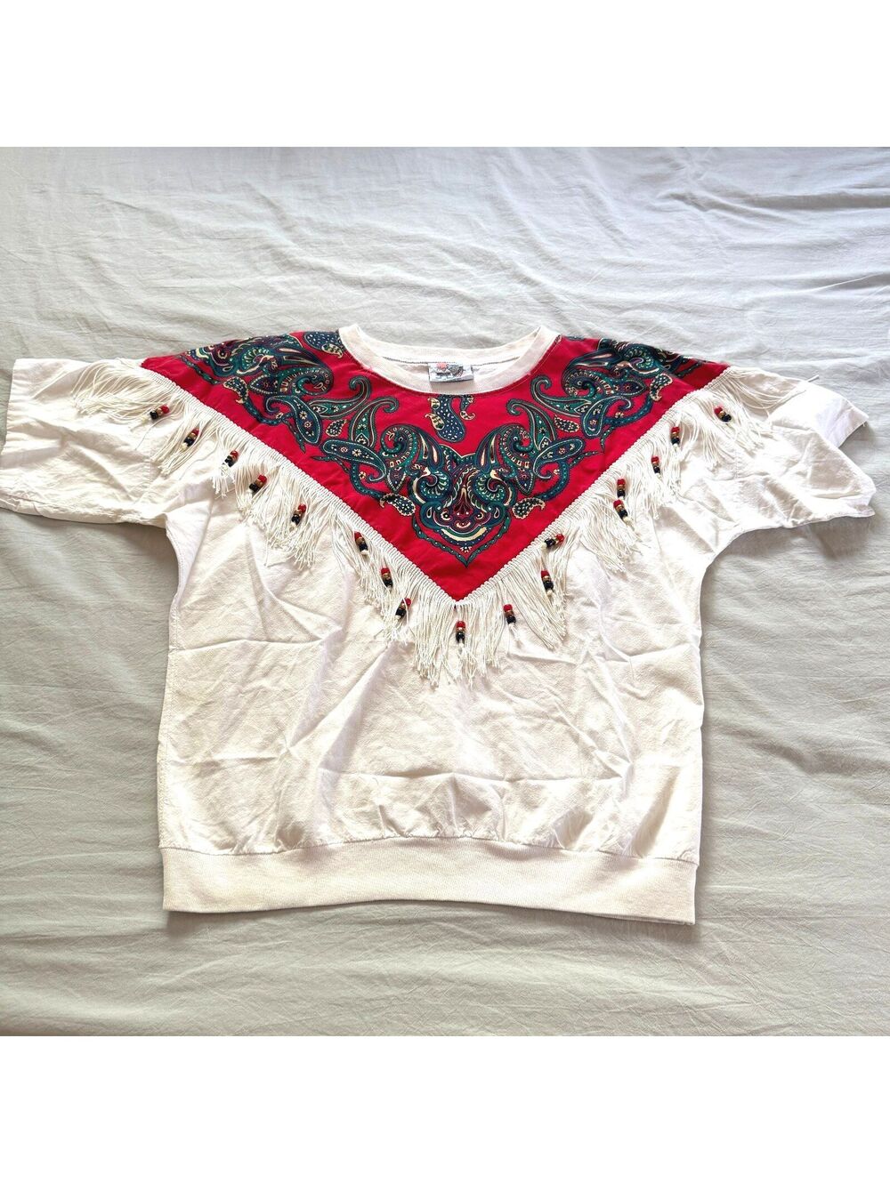 VTG Hazelwood Western Fringe Shirt Beaded Paisley Yoke White Short Sleeve Large